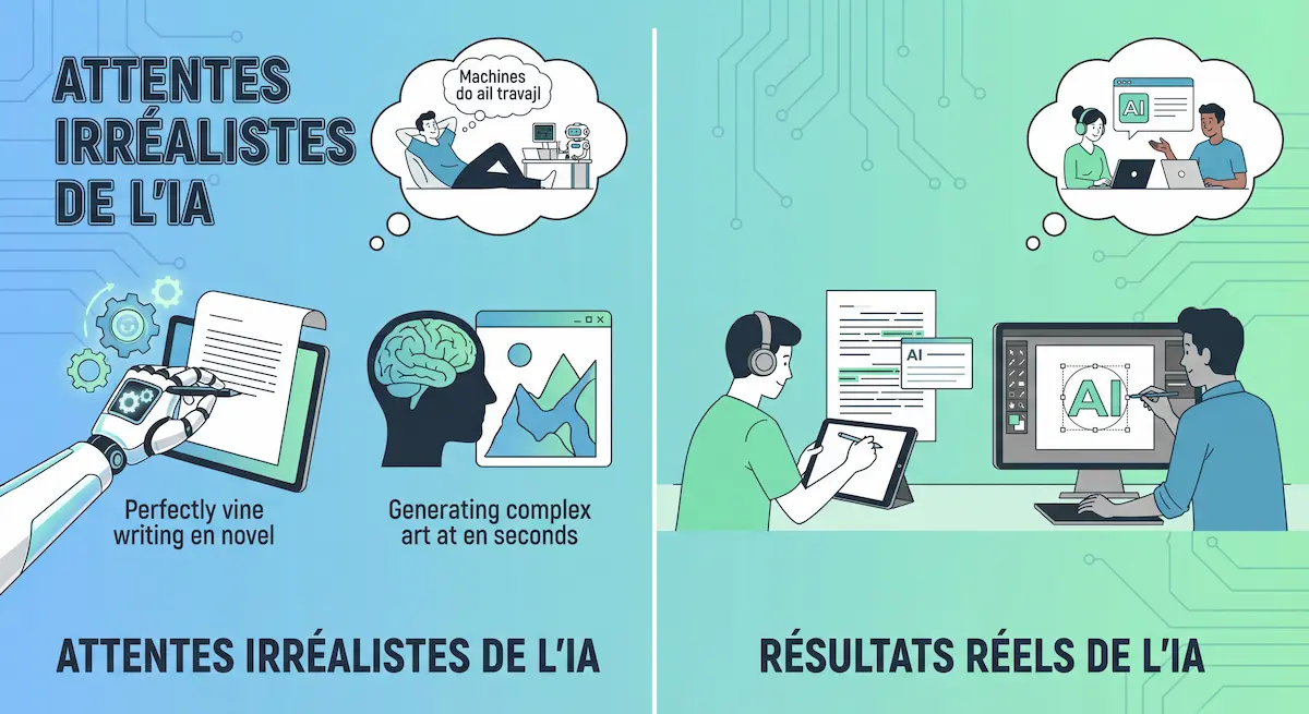 Comparaison entre les attentes irréalistes et les résultats réels de l’utilisation de l’IA au travail.