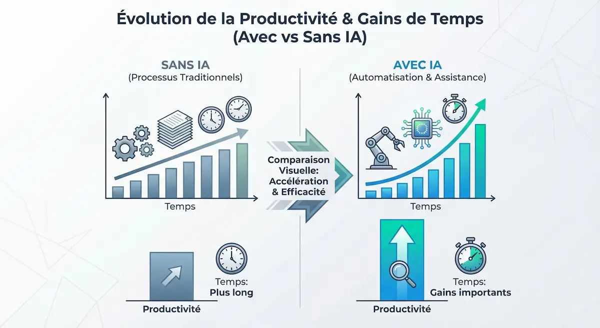 Comparaison de la productivité avec et sans intelligence artificielle montrant les gains de temps au travail.